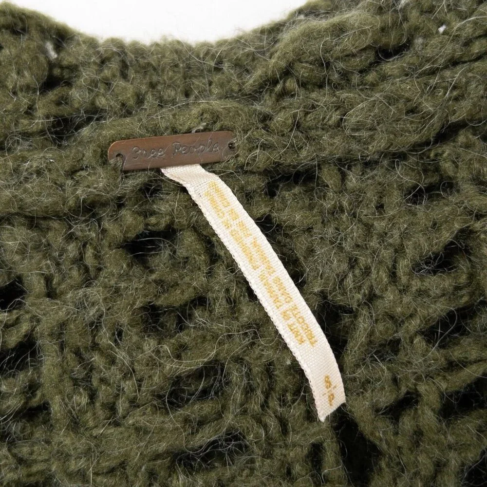 Free People Green Alpaca Mohair Blend Knit Pullover Button Hooded Sweater Small - Picture 7 of 8